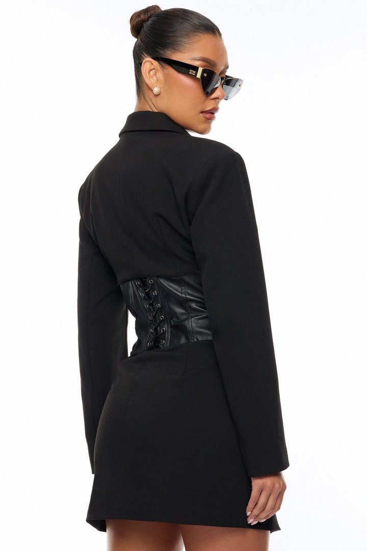 All Business Lace Up Blazer Mini Dress - Black