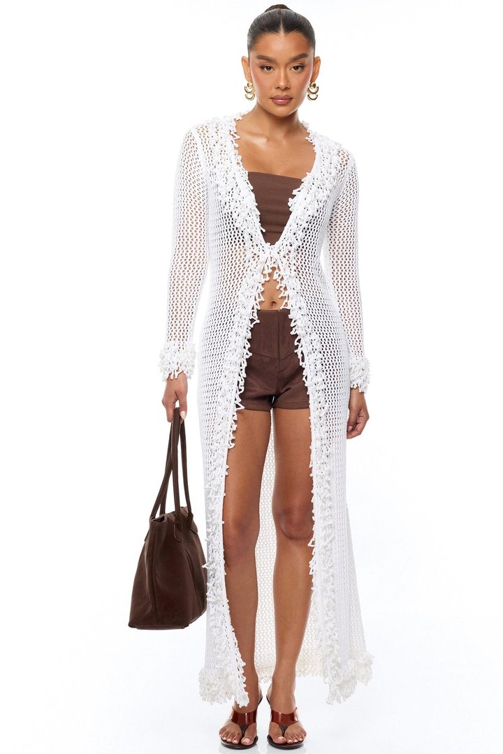 Siesta Crochet Maxi Cardigan - White