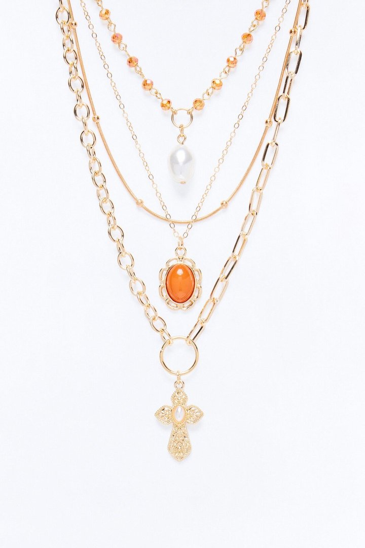 Juicy Cross Layered Necklace - Gold/Orange