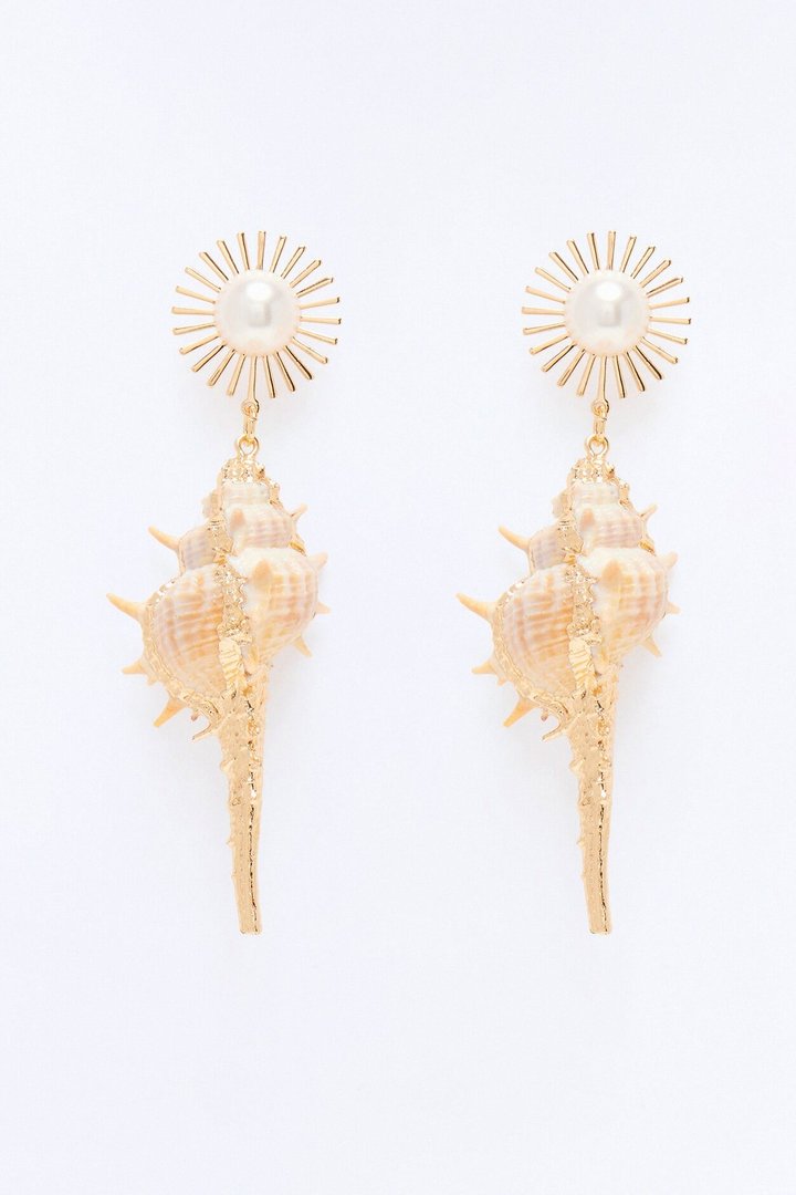 Serene Echo Seashell Drop Earrings - White/Gold