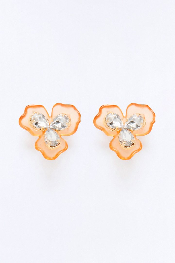 Orchid Type Rhinestone Stud Earrings - Gold/Orange