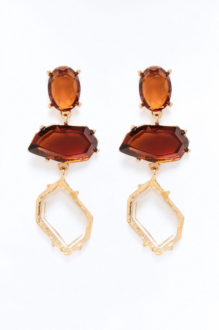 Earthy Smoky Jeweled Drop Earrings - Gold/Brown