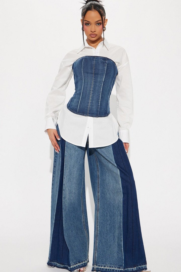 No Attitude Shirt Corset Top - White/Blue