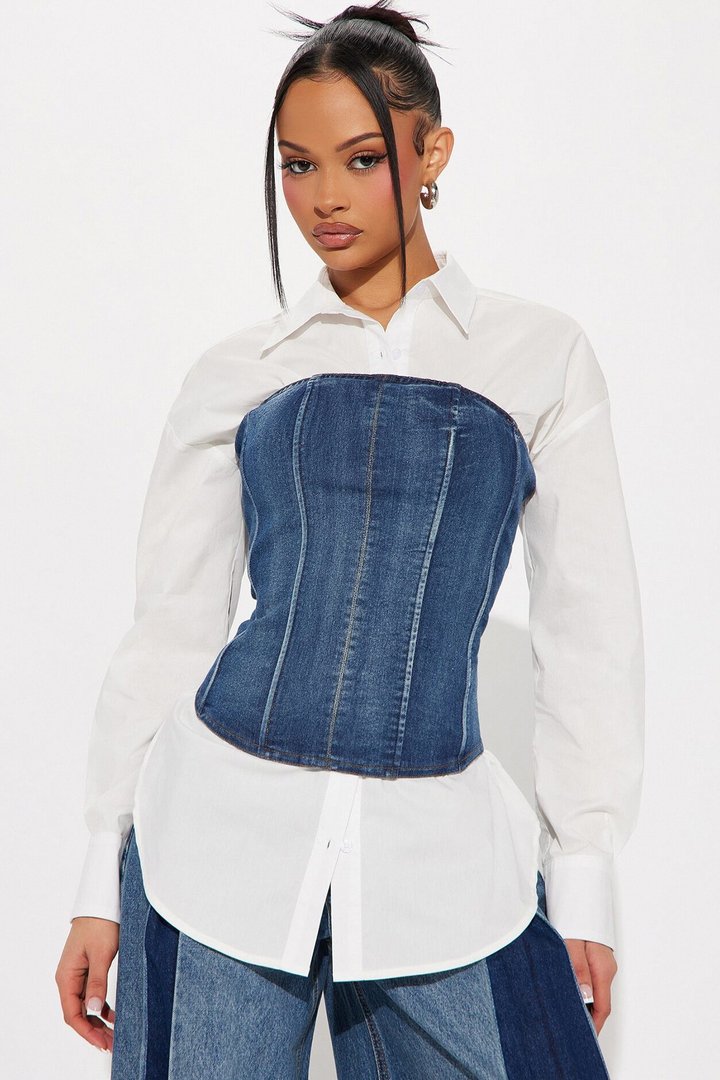 No Attitude Shirt Corset Top - White/Blue
