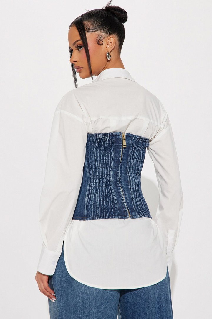 No Attitude Shirt Corset Top - White/Blue