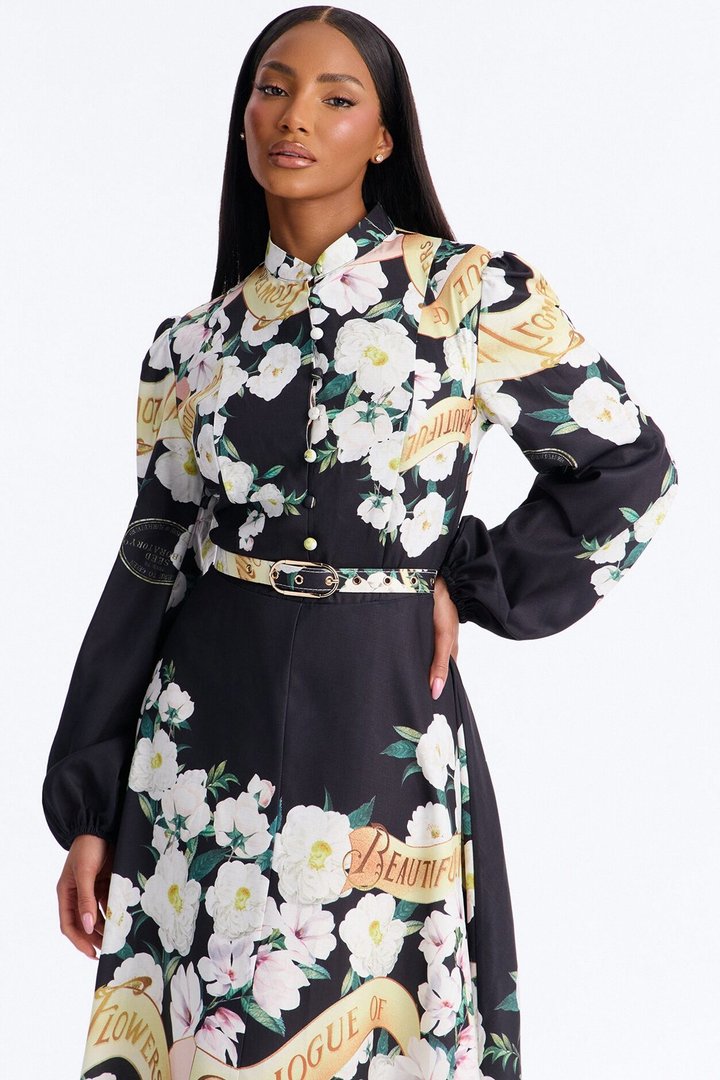Liana Belted Floral Midi Dress - Black/combo