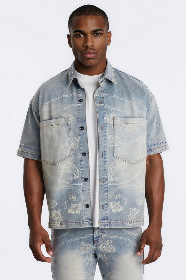 Rhinestone Bandana Boxy Denim Button Up Shirt - Light Blue Wash