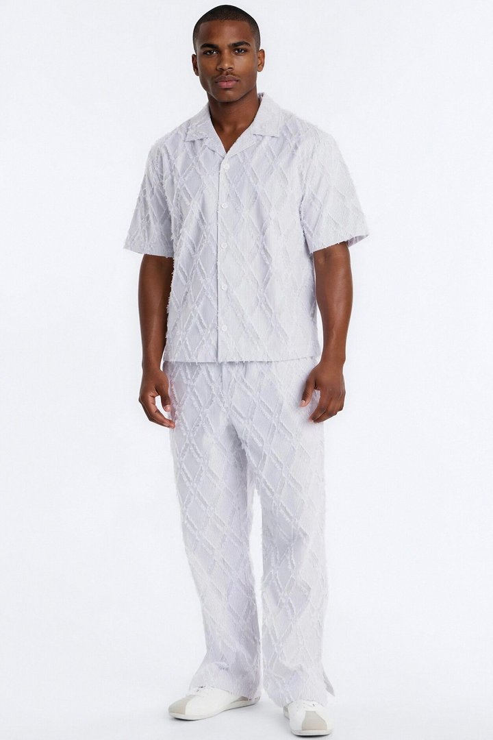 Relaxed Sahara Stripe Cuban Collar Button Up Shirt - White
