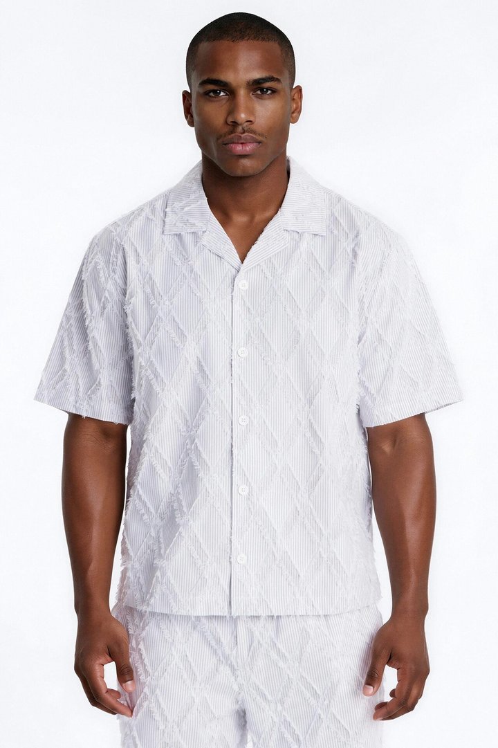 Relaxed Sahara Stripe Cuban Collar Button Up Shirt - White