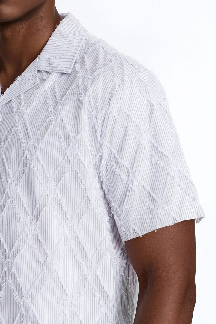 Relaxed Sahara Stripe Cuban Collar Button Up Shirt - White