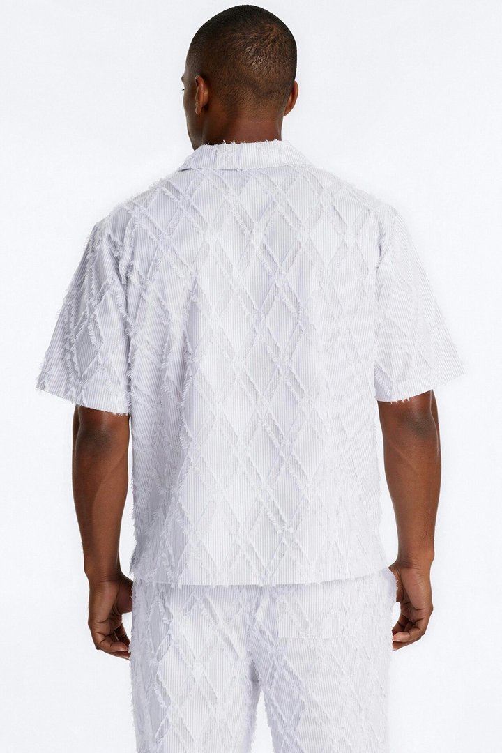 Relaxed Sahara Stripe Cuban Collar Button Up Shirt - White