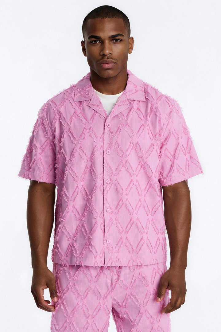 Relaxed Sahara Stripe Cuban Collar Button Up Shirt - Mauve