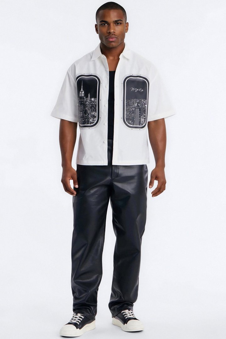 Skyline Views Short Sleeve Button Up Shirt - White