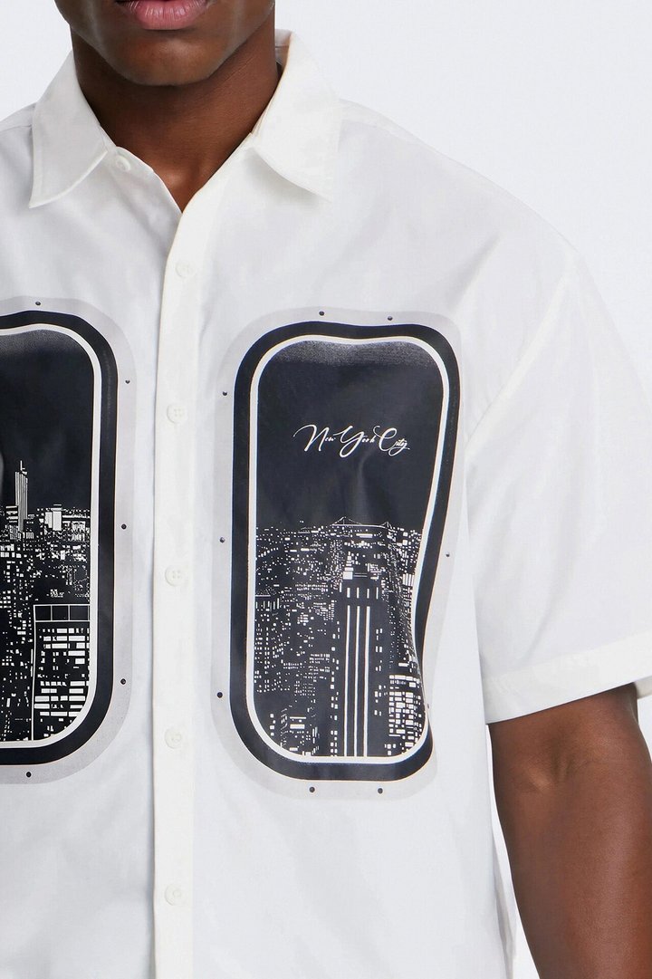 Skyline Views Short Sleeve Button Up Shirt - White