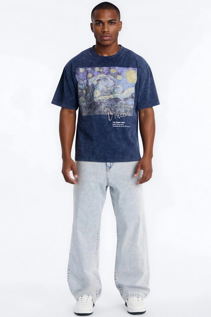 Vincent Van Gogh Starry Night Embroidered Mineral Wash Fleece Tee - Navy