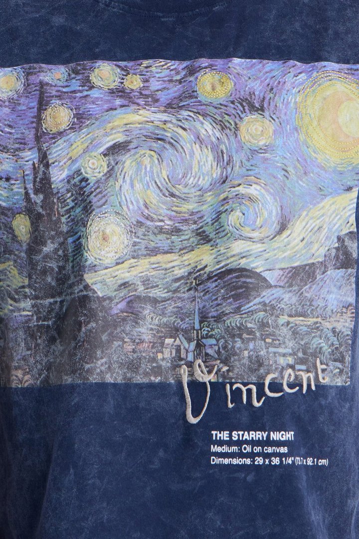 Vincent Van Gogh Starry Night Embroidered Mineral Wash Fleece Tee - Navy