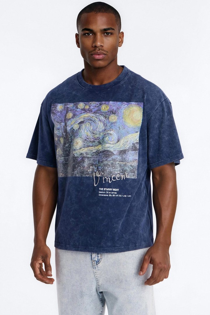 Vincent Van Gogh Starry Night Embroidered Mineral Wash Fleece Tee - Navy