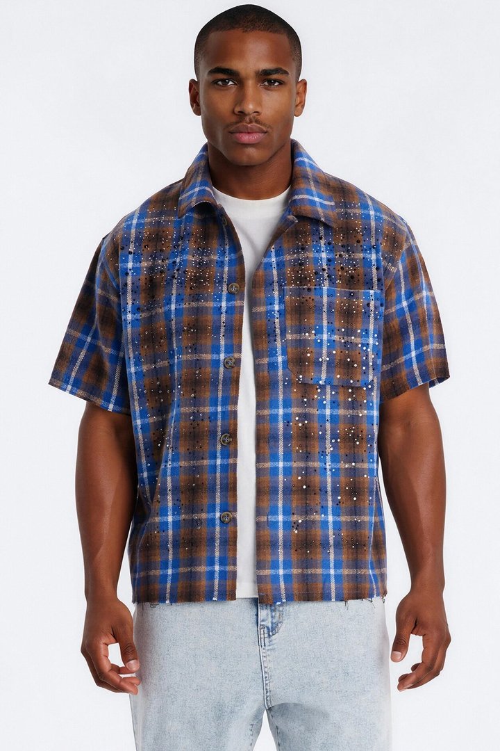 Jeweled Plaid Raw Hem Button Up Shirt - Blue