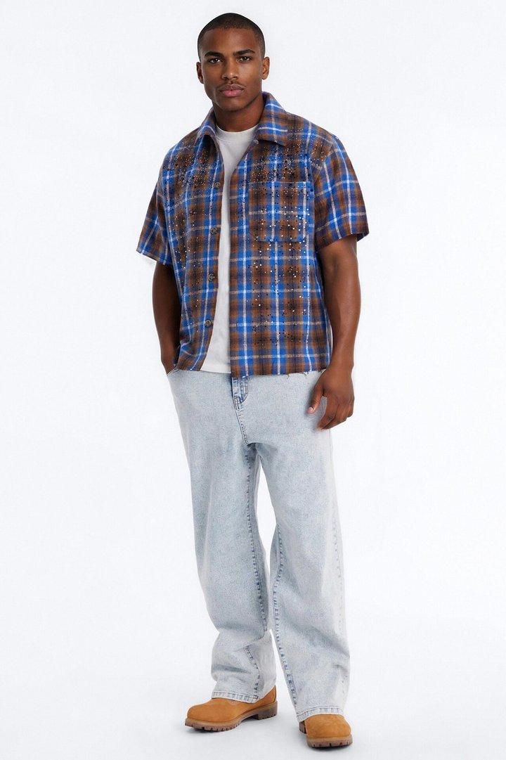 Jeweled Plaid Raw Hem Button Up Shirt - Blue
