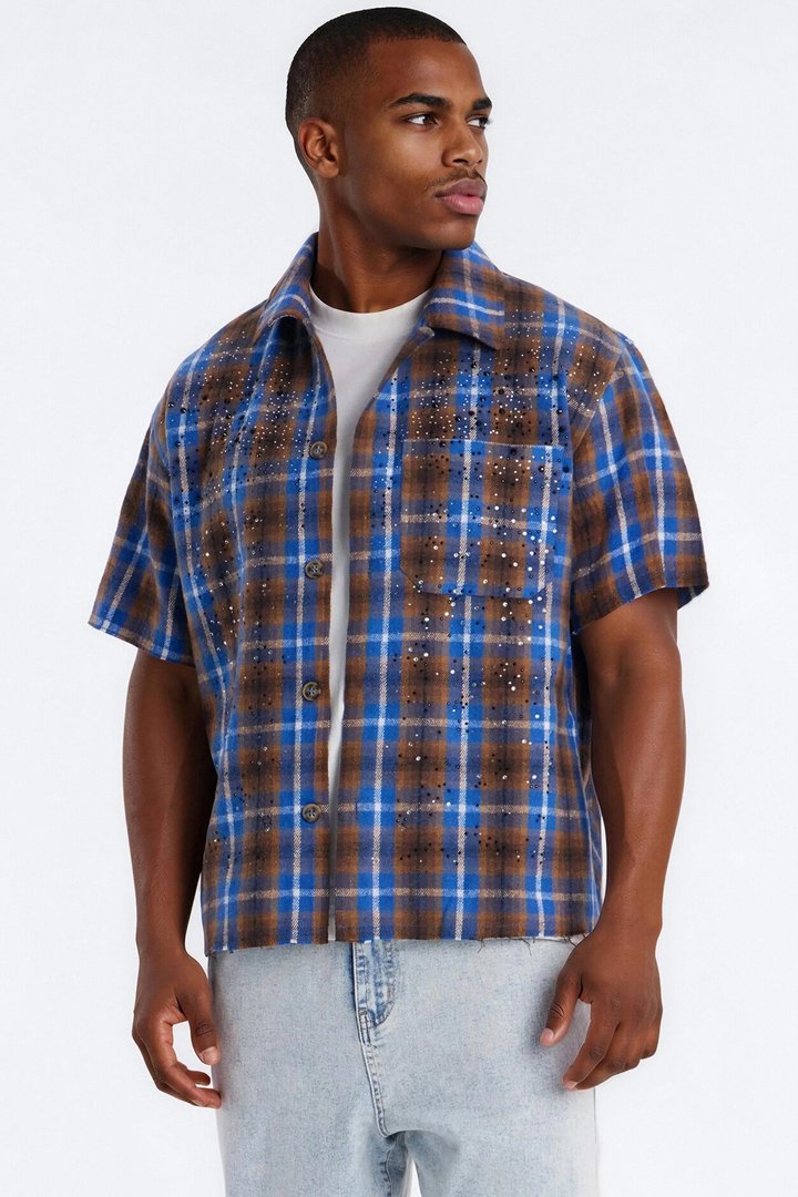 Jeweled Plaid Raw Hem Button Up Shirt - Blue