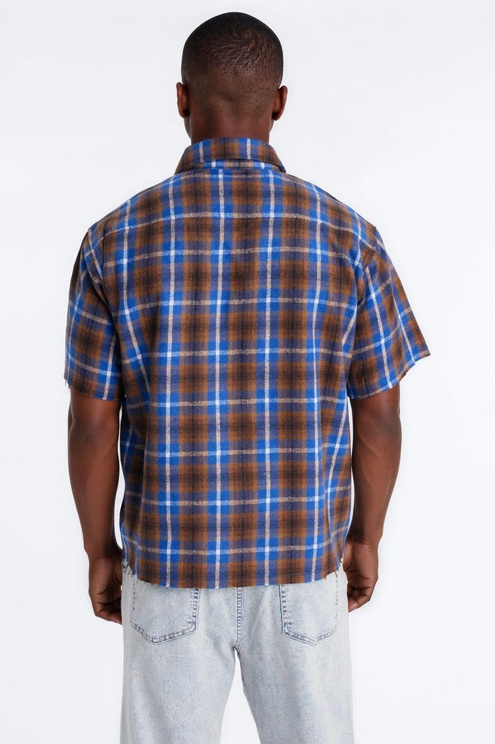 Jeweled Plaid Raw Hem Button Up Shirt - Blue