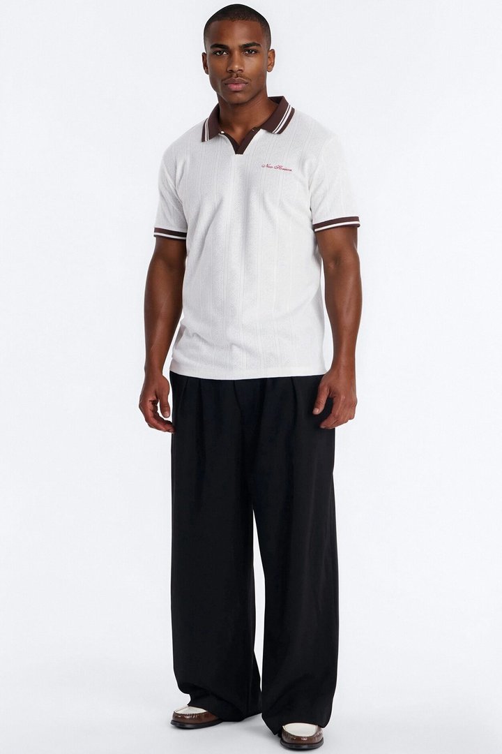 Cafe Tipped Johnny Collar Polo - Off White