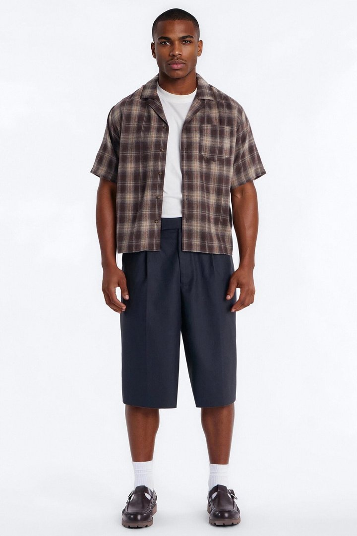 Your Weekend Plaid Cuban Collar Button Up Shirt - Brown