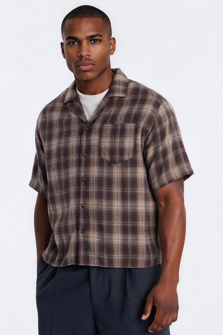 Your Weekend Plaid Cuban Collar Button Up Shirt - Brown