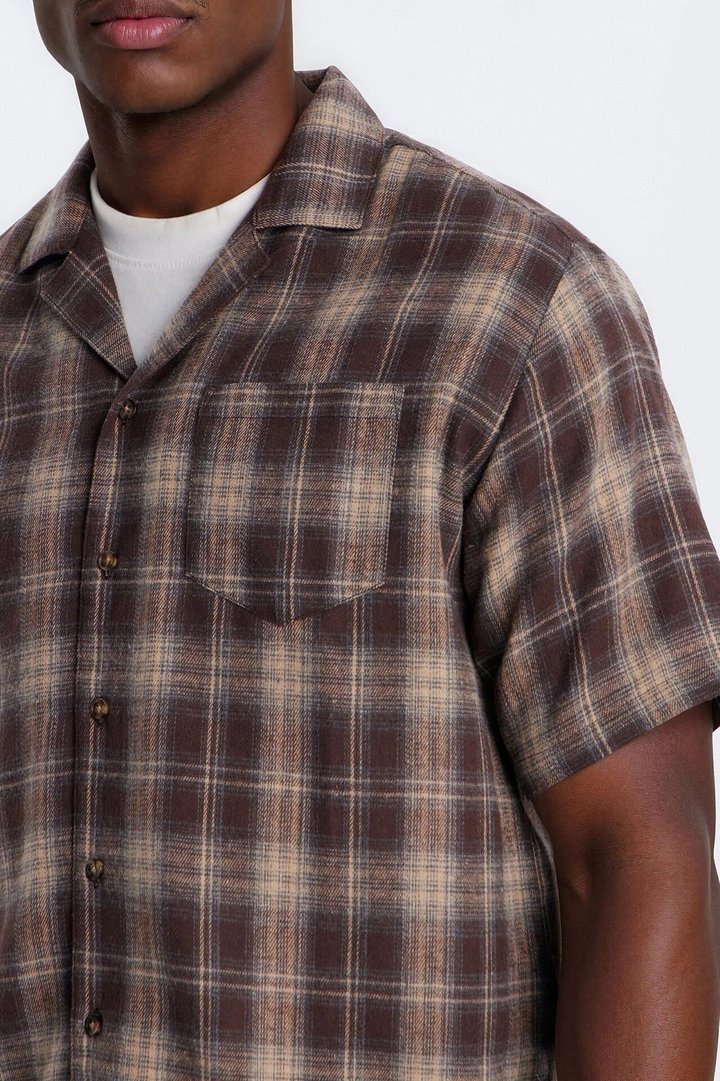 Your Weekend Plaid Cuban Collar Button Up Shirt - Brown