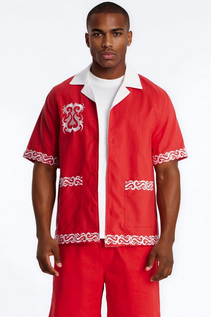 Coastal Isla Cuban Button Up Shirt - Red