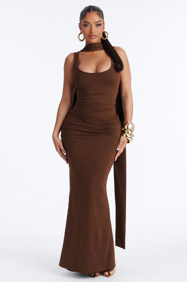 Bianca Matte Form Double Lined Neck Scarf Maxi Dress - Chocolate