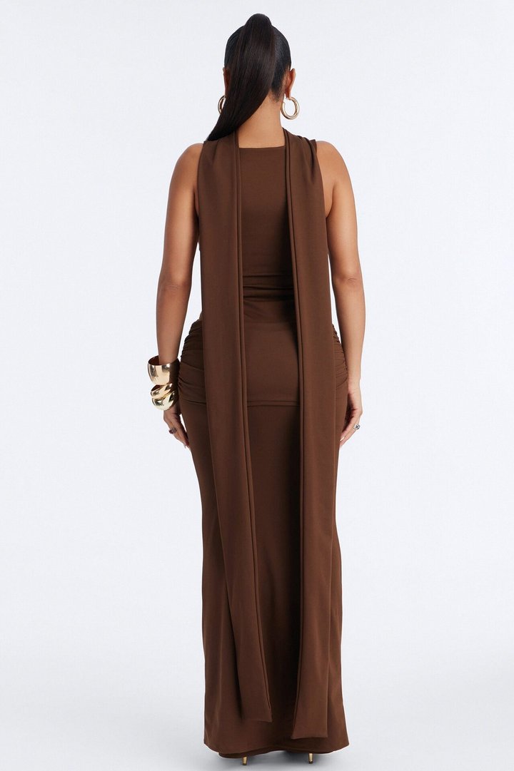 Bianca Matte Form Double Lined Neck Scarf Maxi Dress - Chocolate
