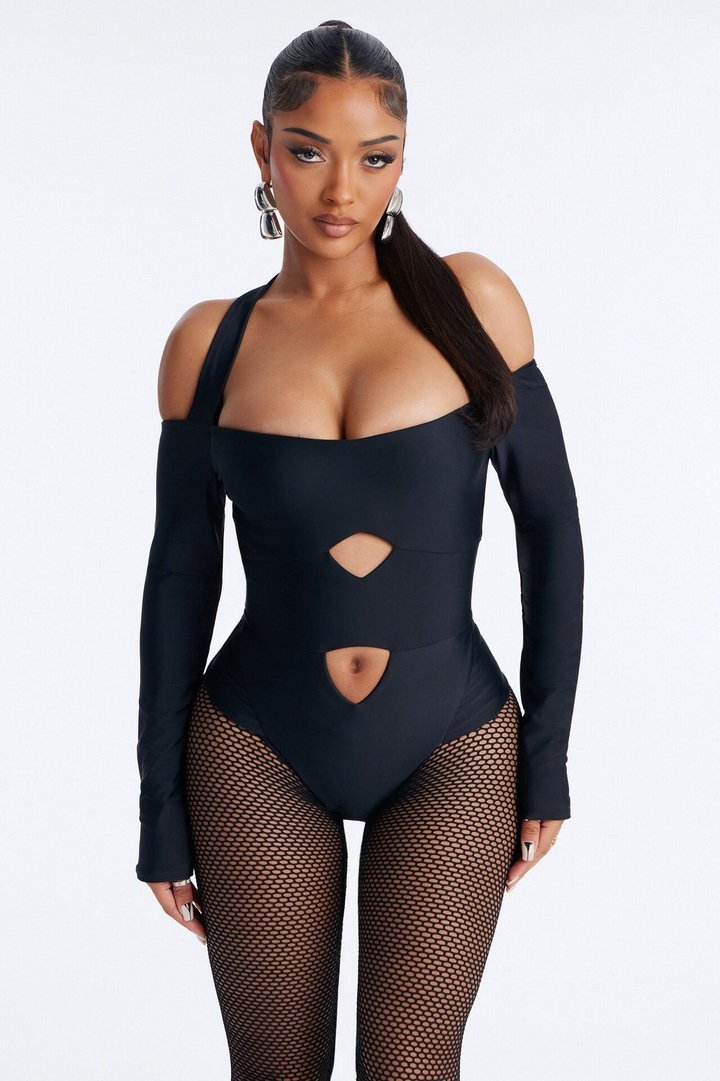 Roxy Form Double Lined Bodysuit Fishnet Set - Black