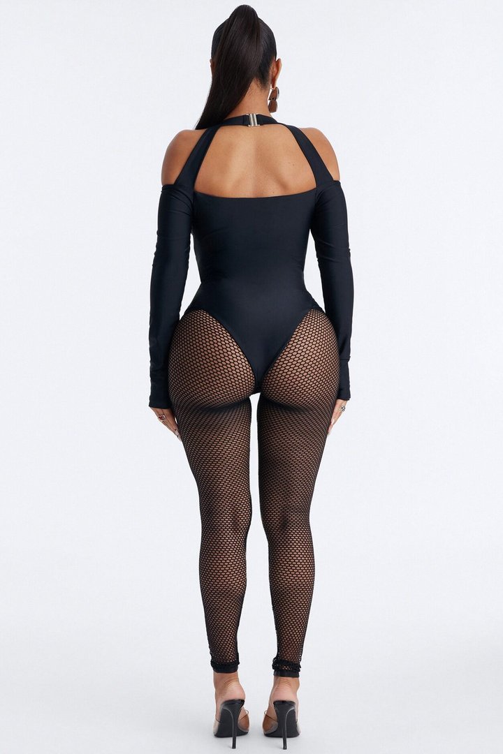 Roxy Form Double Lined Bodysuit Fishnet Set - Black