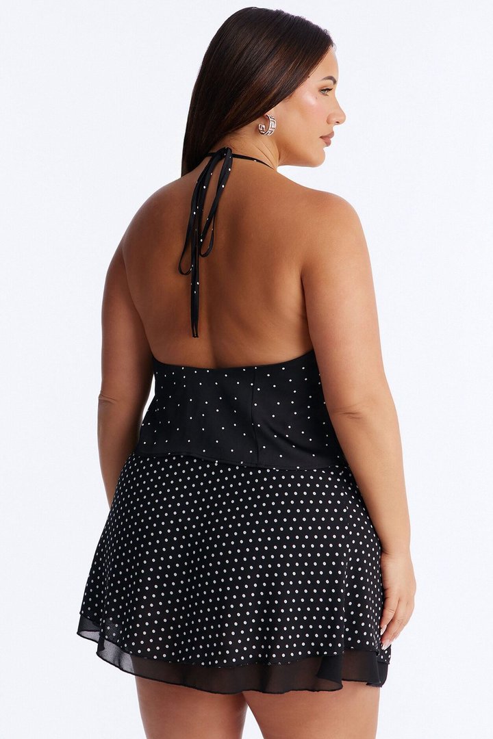 Flirty Plans Polka Dot Satin Halter Top - Black/combo