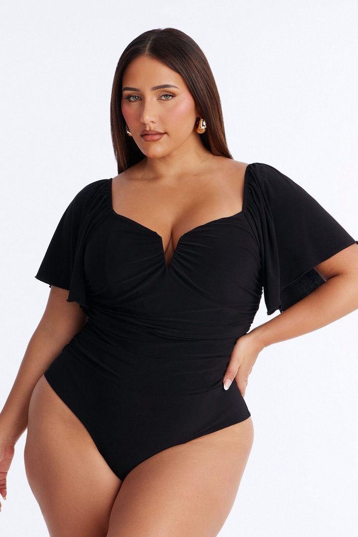 Kayali Ruched Short Sleeve Bodysuit - Black