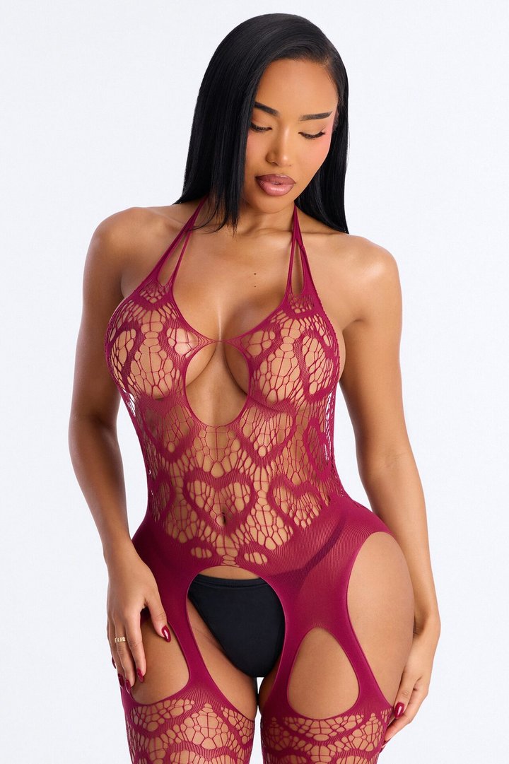 Nila Crotchless Knit Jumpsuit Bodystocking - Burgundy