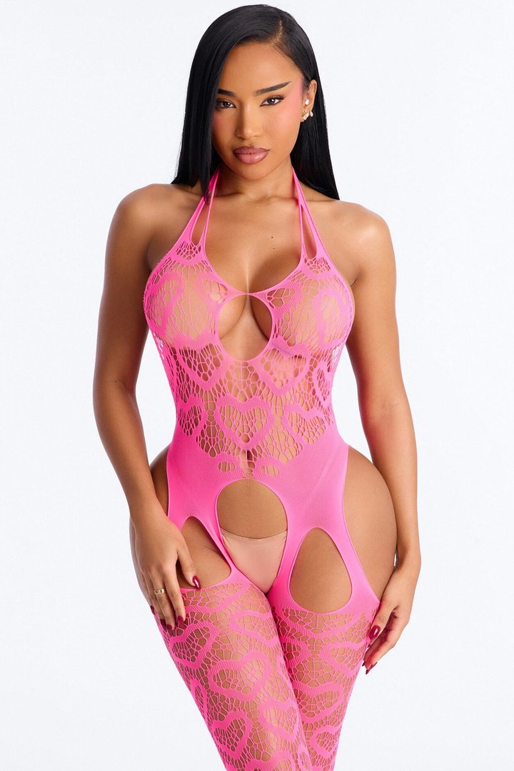 Calista Crotchless Heart Jumpsuit Bodystocking - Hot Pink