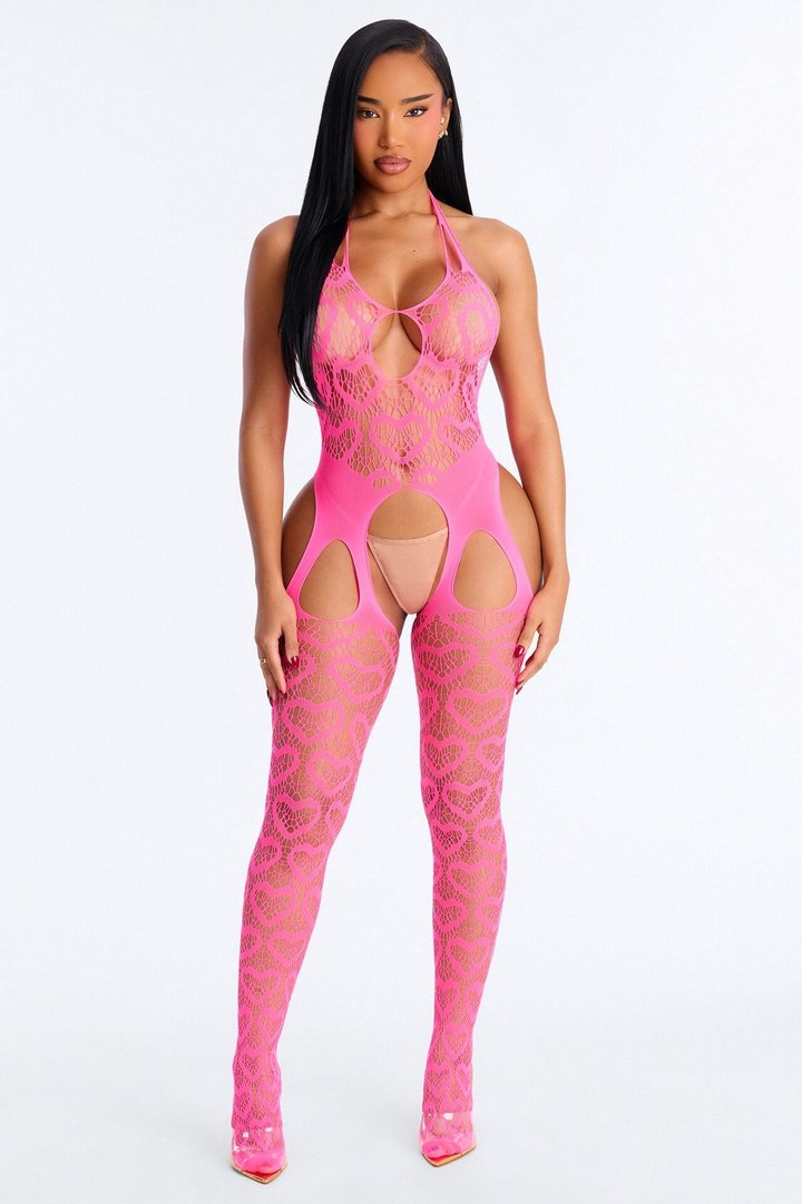 Calista Crotchless Heart Jumpsuit Bodystocking - Hot Pink