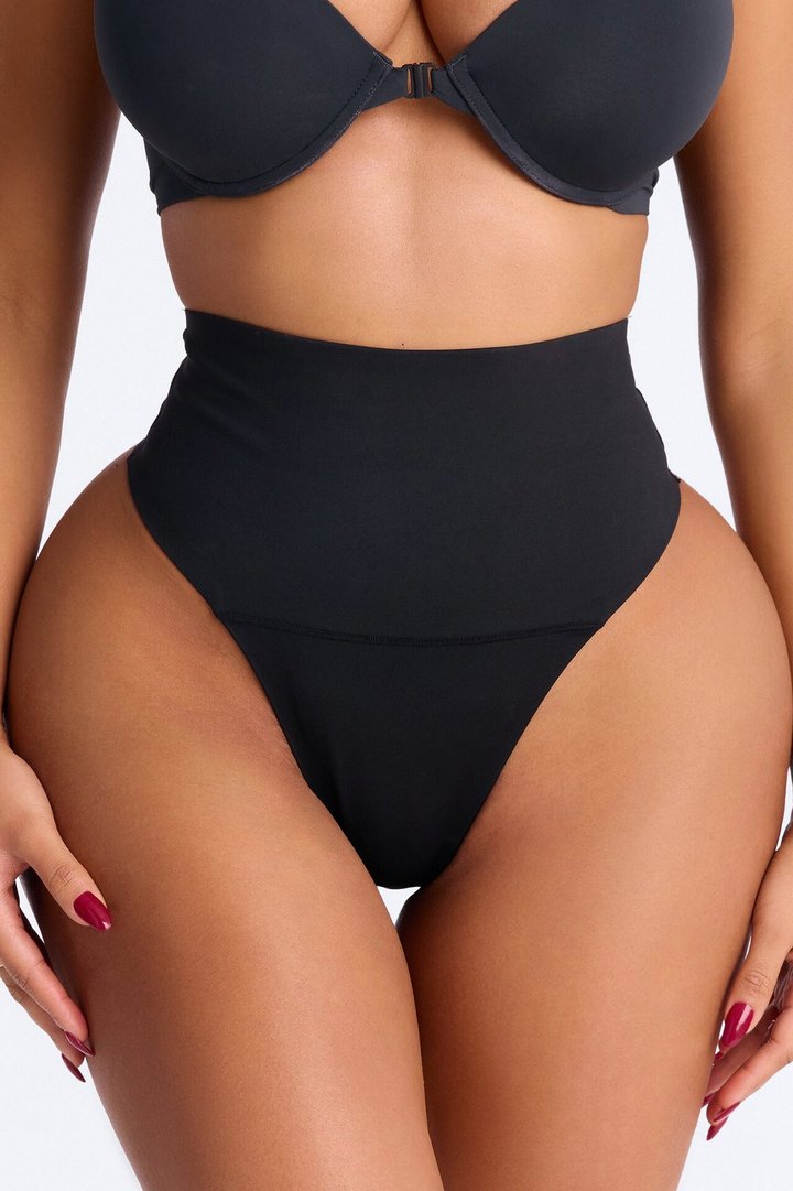 Mid Compression High Waist Shapewear Thong - Black