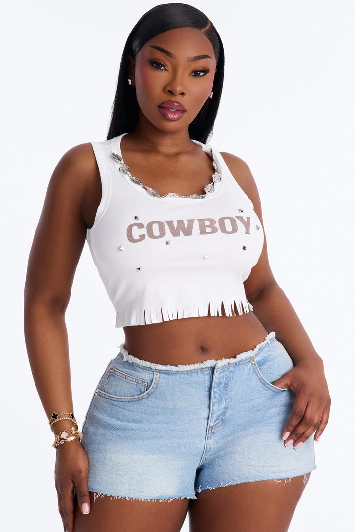 Cowboy Studded Tank Top - White