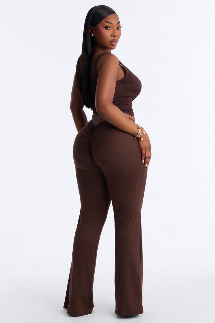 Feeling Cheeky Low Rise Ruched Butt Flare Pant - Chocolate