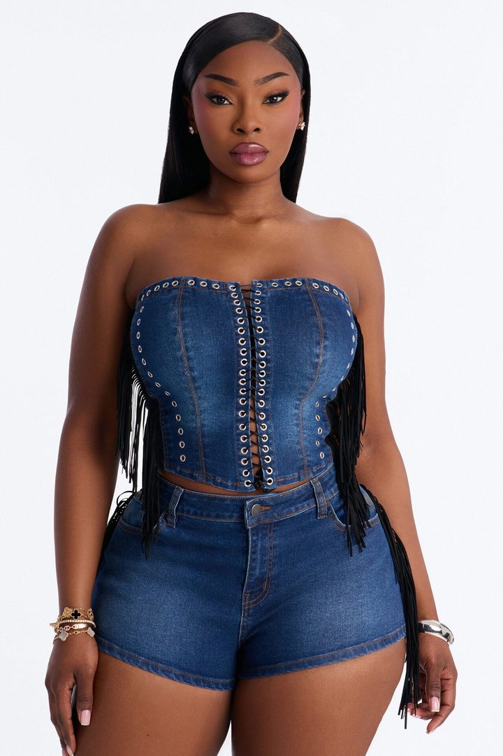 Wild Thing Fringe Short Set - Medium Wash