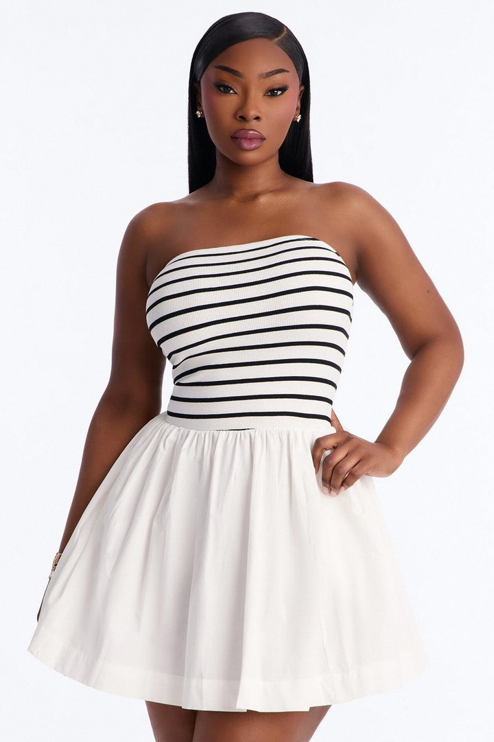 Reagan Strapless Striped Mini Dress - White/Black