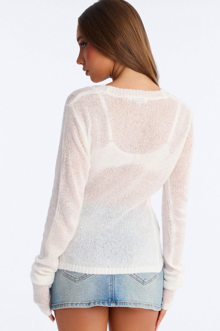 Sheer Me Out Long Sleeve Button Up Cardigan Sweater - Ivory