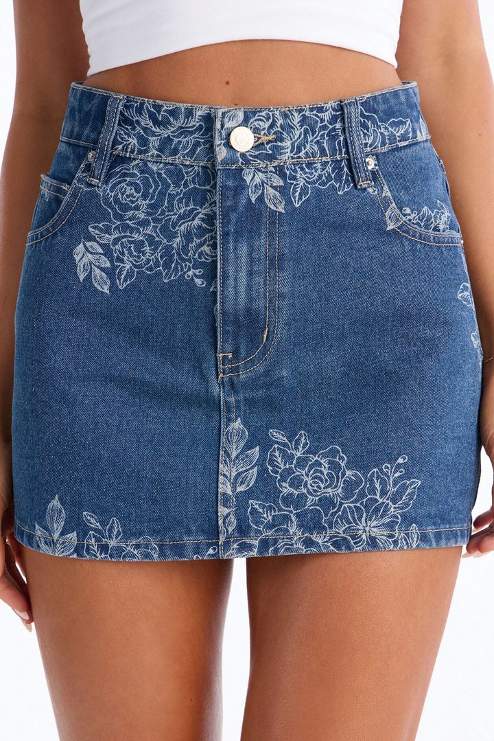 Rose Kiss Floral Print Denim Mini Skirt - Medium Wash