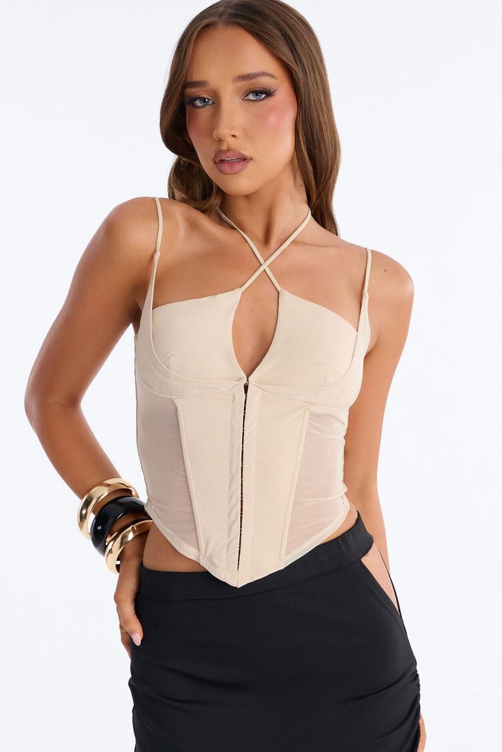 Amaya Mech Cut Out Corset Top - Stone