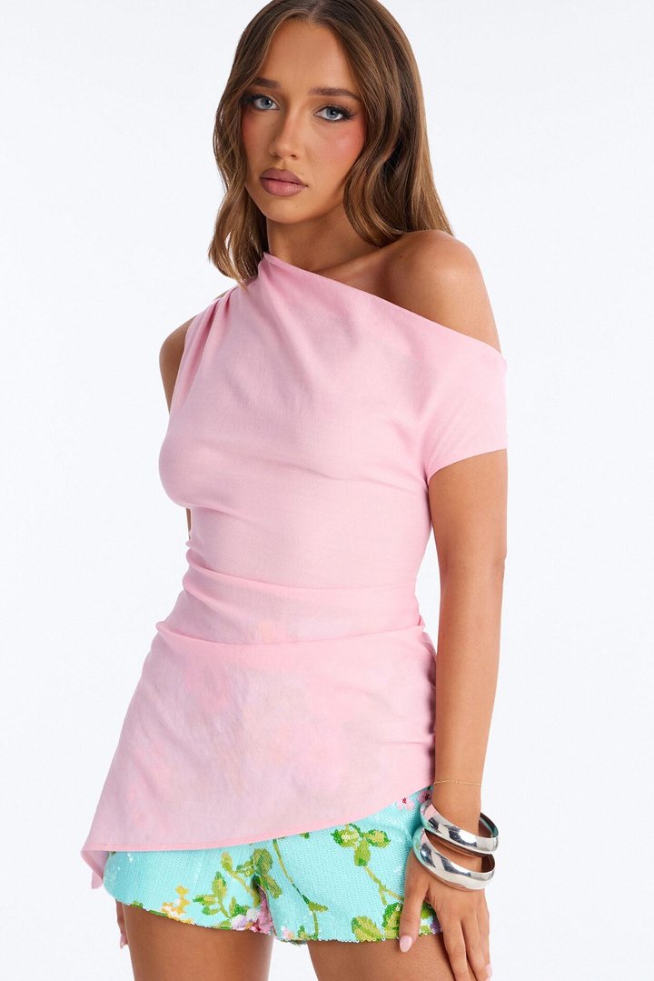 Cutie With A Duty One Shoulder Linen Top - Pink