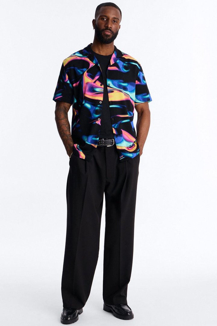 Retro Vibe Cuban Collar Button Up Shirt - Blue/combo