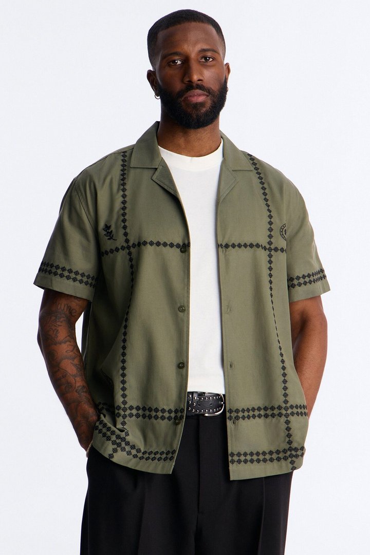 Coastal Embroidered Cuban Collar Button Up Shirt - Olive